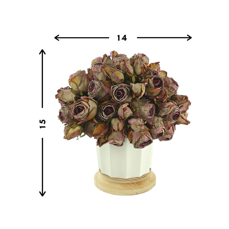 Dried Rose Bundle in a Ceramic Pot with Wooden Base - Purple, White