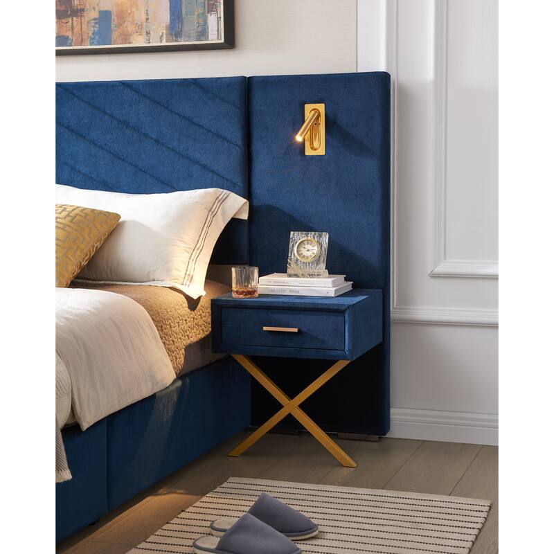 Velvet Upholstered Bed Frame, Wingback Headboard Platform Bed with LED Side Lights & Nightstands, No Box Spring Needed