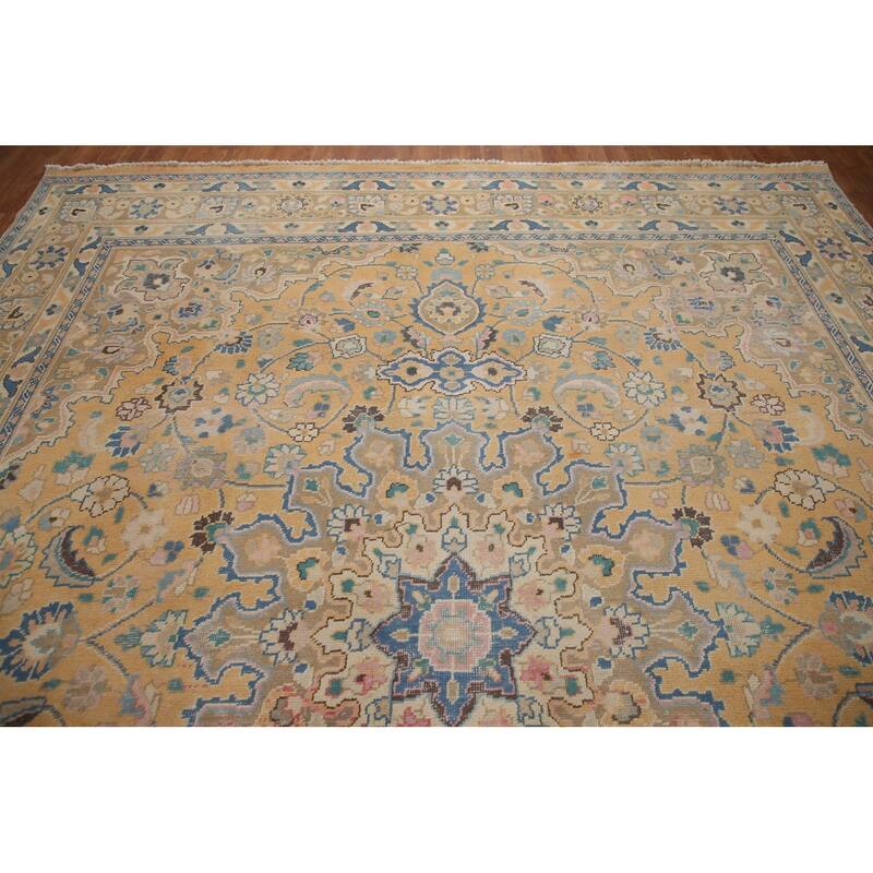 Hand Knotted Oriental 100% Wool Carpet Traditional Floral Yellow & Gold Mashad Area Rug - 12' 4'' X 9' 7''