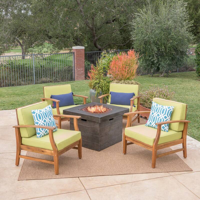 Havana Outdoor 4-seater Wood Chat Set with Fire Table by Christopher Knight Home