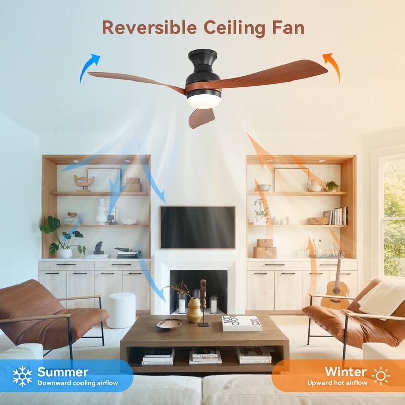 52-Inch Ceiling Fan With Light And Remote Control,With 3 ABS Fan Blades,Flush Mount Ceiling Fan with Reversible DC Motor - Black