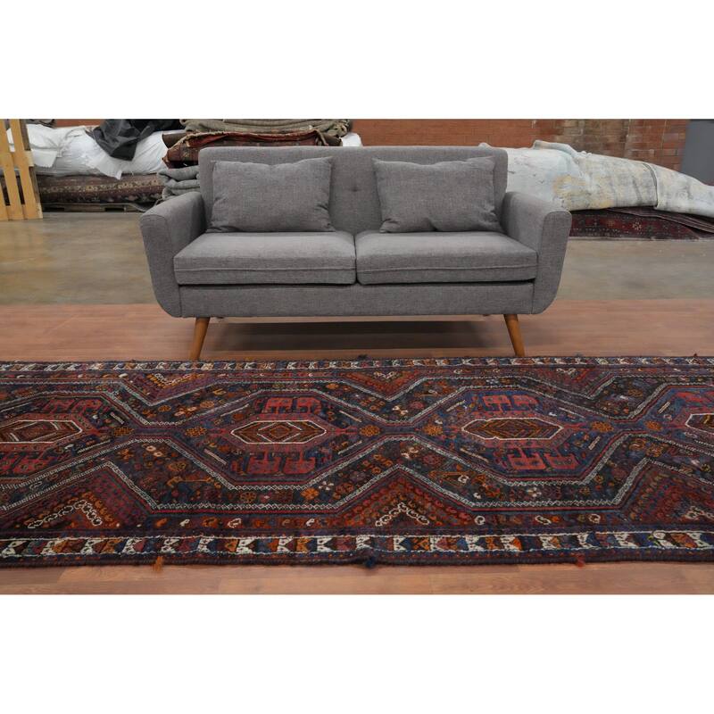 Hand Knotted Oriental 100% Wool Carpet Traditional Tribal Navy Blue & Blues Shiraz Runner Rug - 12' 2'' X 4' 3''