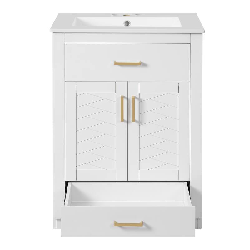 Floor Standing 24" Bathroom Vanity for Small and Medium Restroom, Integrated Ceramic Sink Bathroom Storage Cabinet