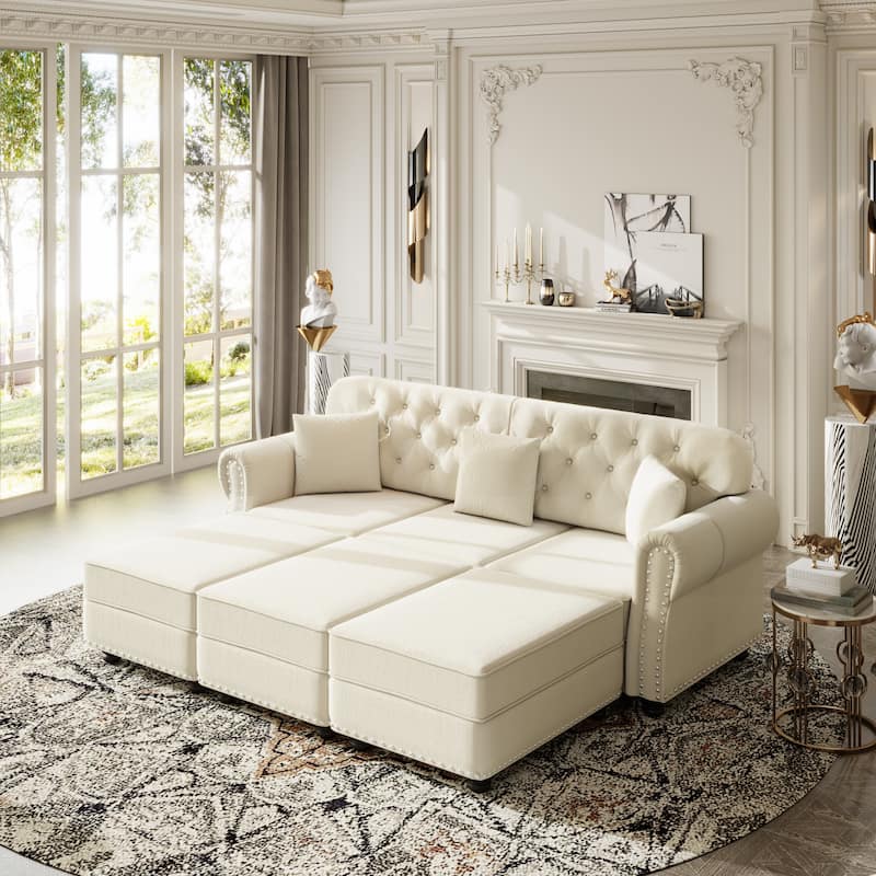 Mid Century Modern Couch, Velvet Chesterfield Sofa Button Tufted Oversized Loveseat Sofa with Nailhead Trim & Roll Armrests - Beige White - 3 Seat+3 Ottoman