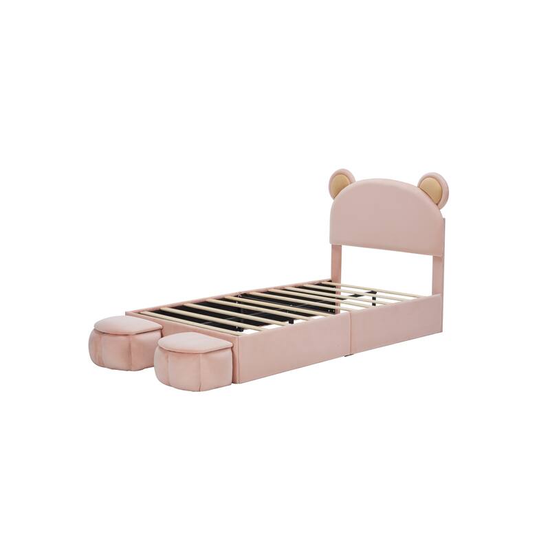 Pink Twin Size Upholstered Platform Bed with Bear Ears Headboard, Storage Stools, No Box Spring Needed, for Kids and Teens