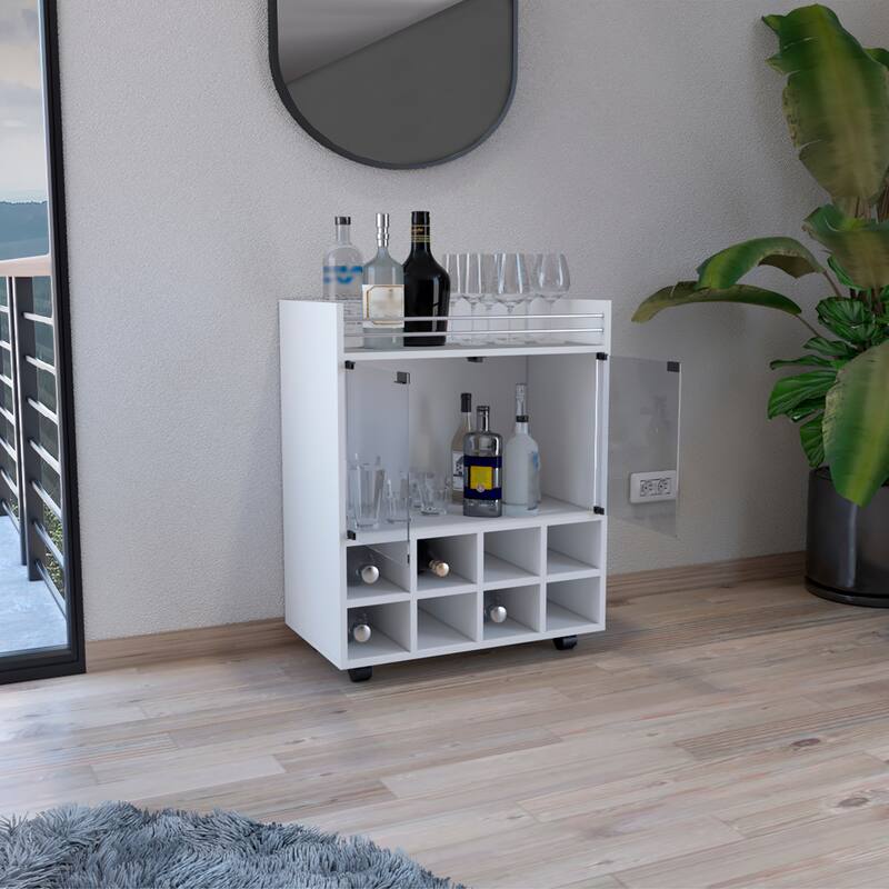 St Andrews Bar cart with Built-In 8-Bottle Rack, Double Glass Door Cabinet, and Aluminum-Edged Top Surface