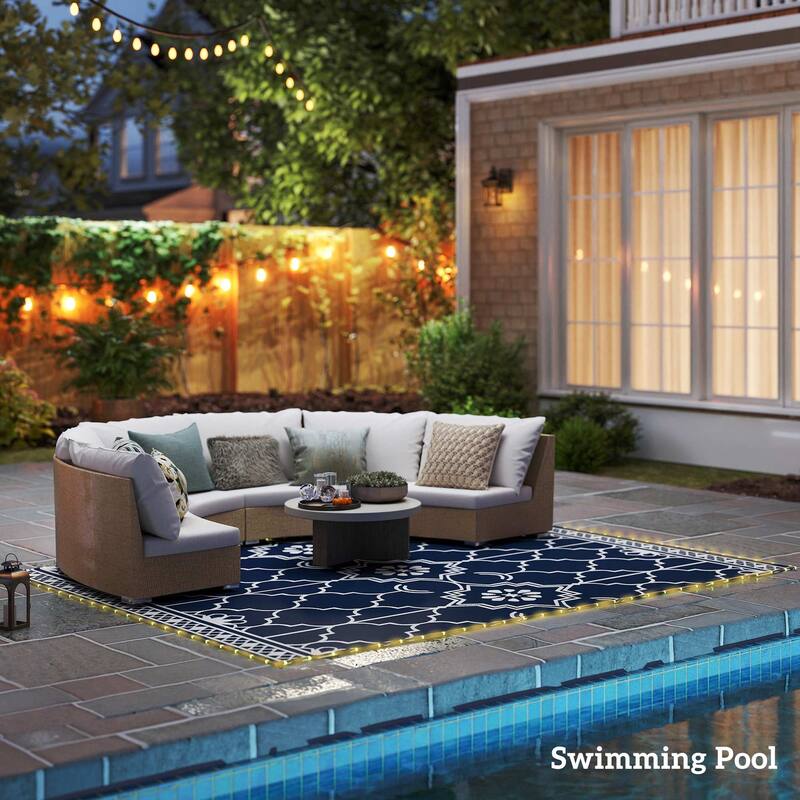 Outsunny Reversible Outdoor Rug Carpet with LED Lights, 12' x 9' PP Straw Rug, Portable RV Camping Mat - 9' x 12'