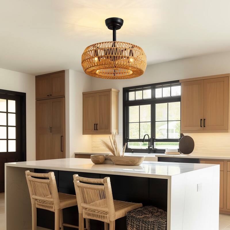 20" Boho Caged Ceiling Fan with Lights Remote Control Rattan Low Profile Ceiling Fan Farmhouse Ceiling Fansfor Kitchen Bedroom