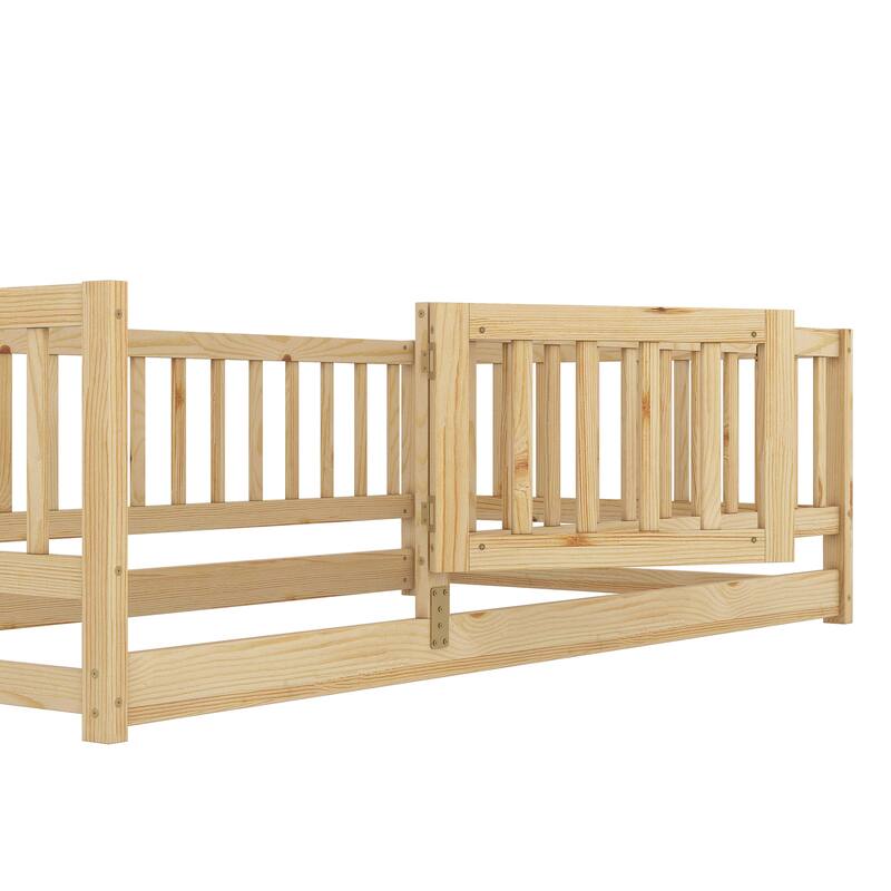 Twin Size Pine Wood Floor Panel Bed with Safety Fence and Removable Door