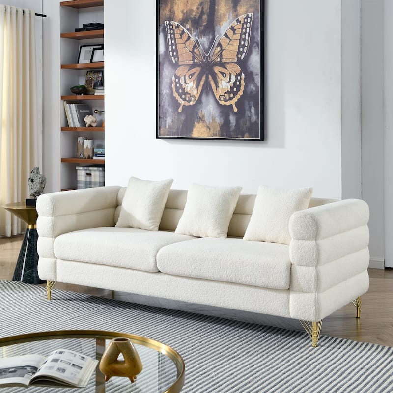 Roomfitters 81" 3 Seater Sectional Sofa, Modern Boucle Upholstered Couch with Gold Legs and 3 Pillows for Living Room