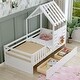 preview thumbnail 20 of 25, Wooden Slat Roof Platform Bed Guardrails House Bed Frame with 2 Storage Drawers, Kids Playhouse Bed Small Window & Shelves