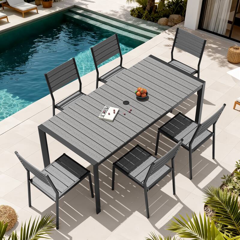 7-Piece Outdoor Patio Dining Set Wood Like Table Top Aluminum Rectangular Umbrella Hole Table with Stackable Chairs - Grey