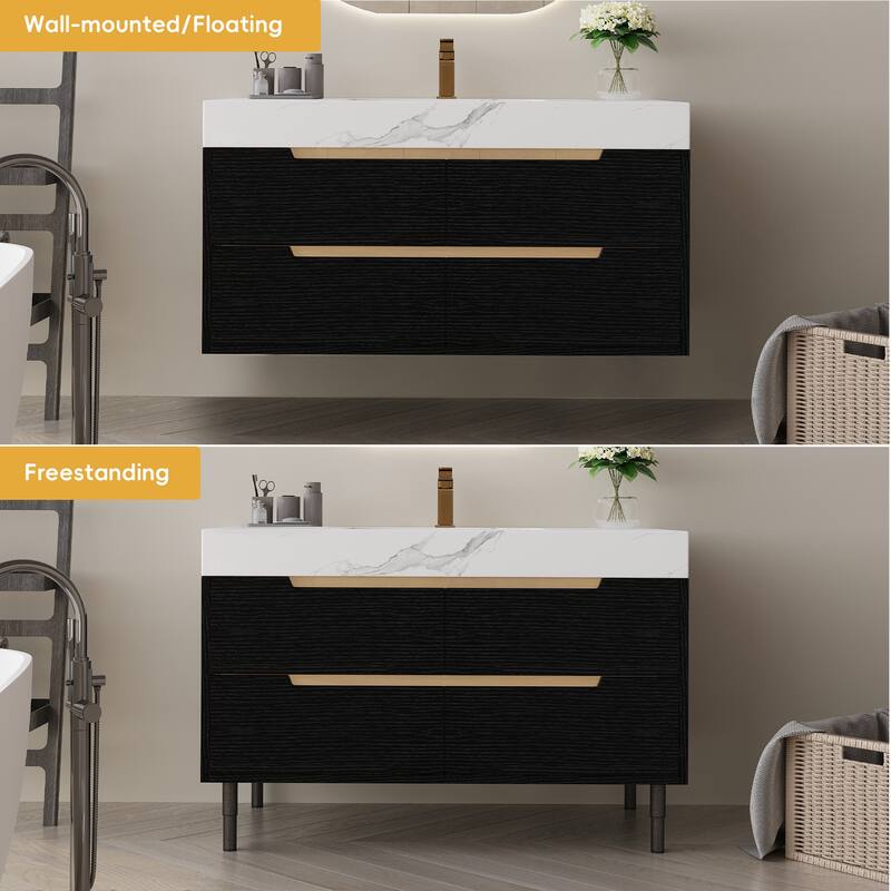 35.4" Farmhouse Floating Bathroom Vanity - Sintered Stone Top with Undermount Sink, 4 Drawers, Wall-Mounted