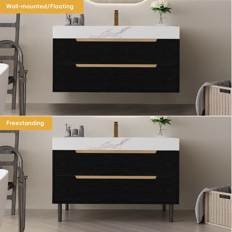 GDFStudio - Luxury 35.4" Versatile Floating/Freestanding Sintered Stone Bathroom Vanity with Ceramic Sink & Soft-Close Drawers