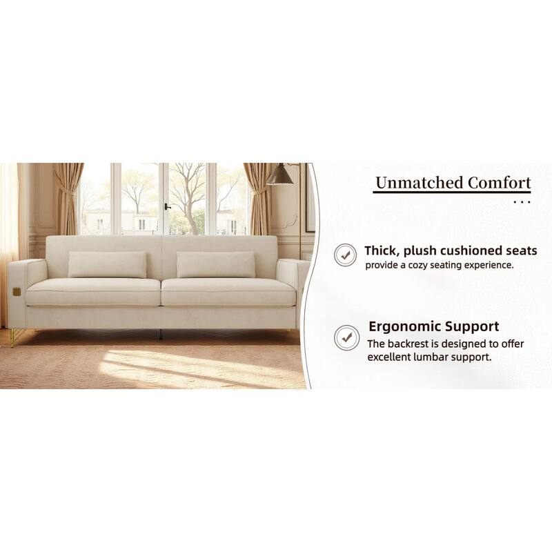 Roomfitters Mid-Century Modern Upholstered Sofa with Gold Metal Legs and Square Arms, Elegant Couch for Living Room