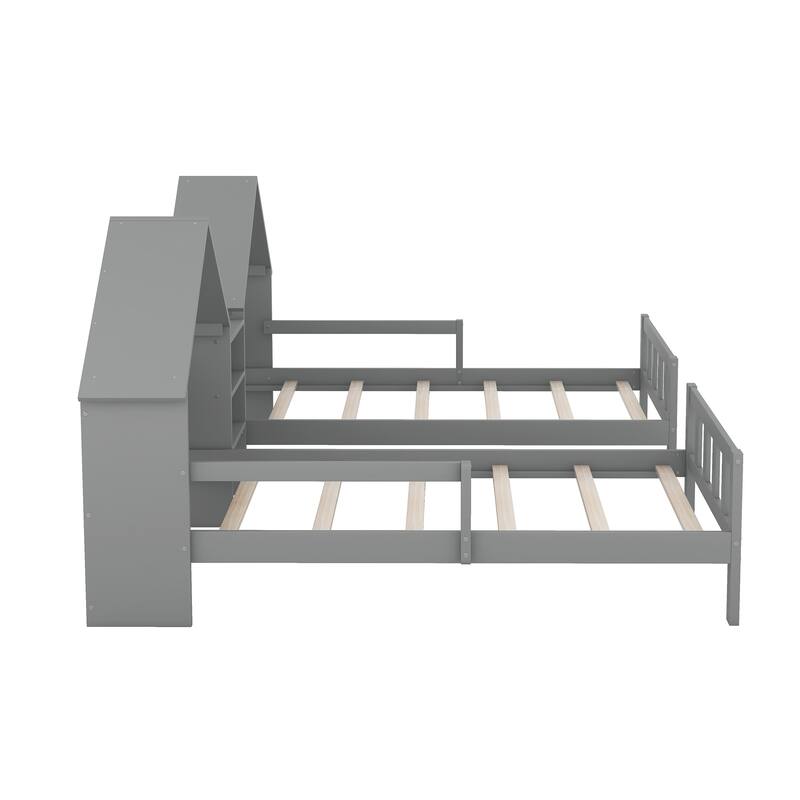 Double Twin Size Platform bed with House-shaped Headboard and a Built-in Nightstand, Grey
