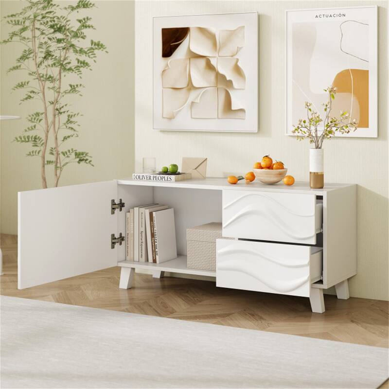 White TV Stand and Media Console for TVs up to 44 Inches with Cabinet Drawers Engraved Front and Splayed Legs - 38" x 14" x 18"