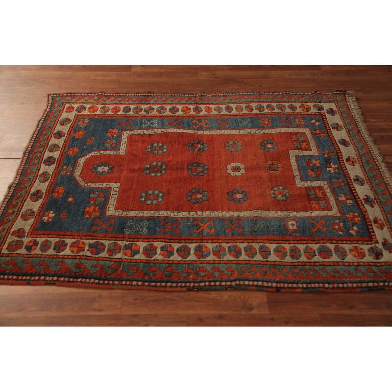 Hand Knotted Oriental 100% Wool Carpet Traditional Geometric Red Kazak Area Rug - 4' 9'' X 4' 0''