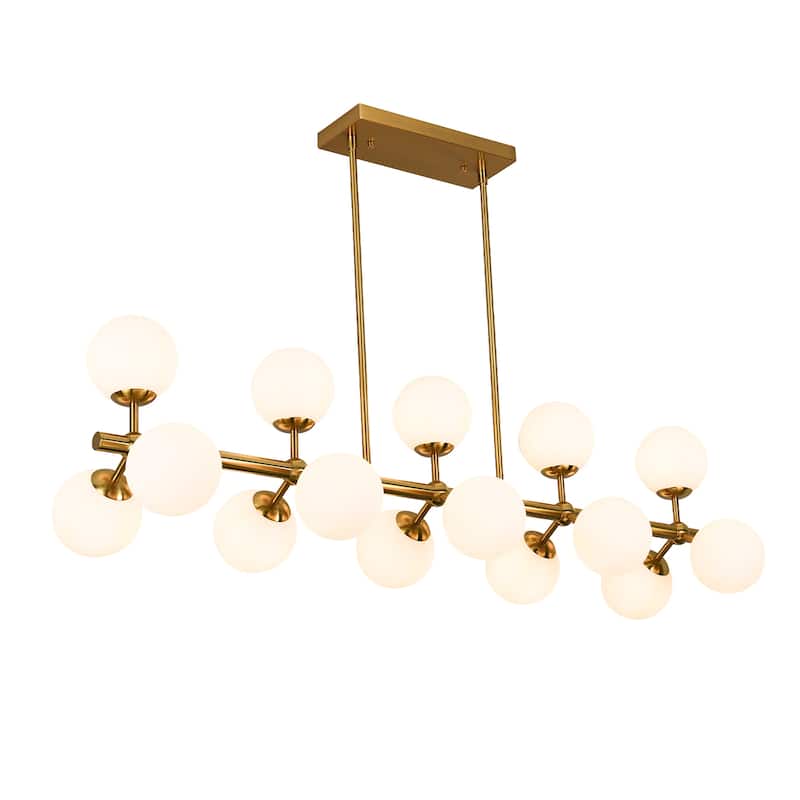 44in W Linear Mid Century Modern Chandelier 15 Light Gold Brass Sputnik Pendant Light with Frosted Glass Globe for Dining Room