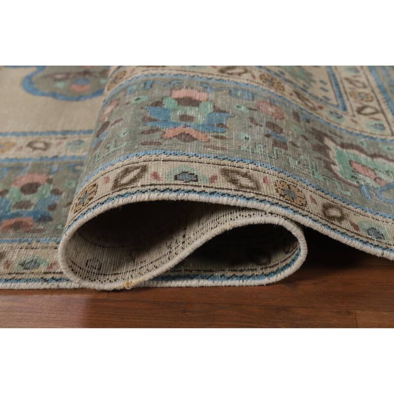Geometric Beige Tabriz Persian Vintage Rug Hand-Knotted Wool Carpet - 8'3" x 11'0"