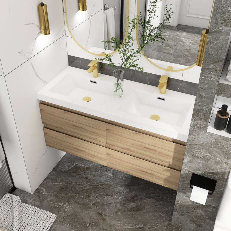 MDF Wall-Mounted Bathroom Vanity Set in Oak with Integrated Culture Marble Sink