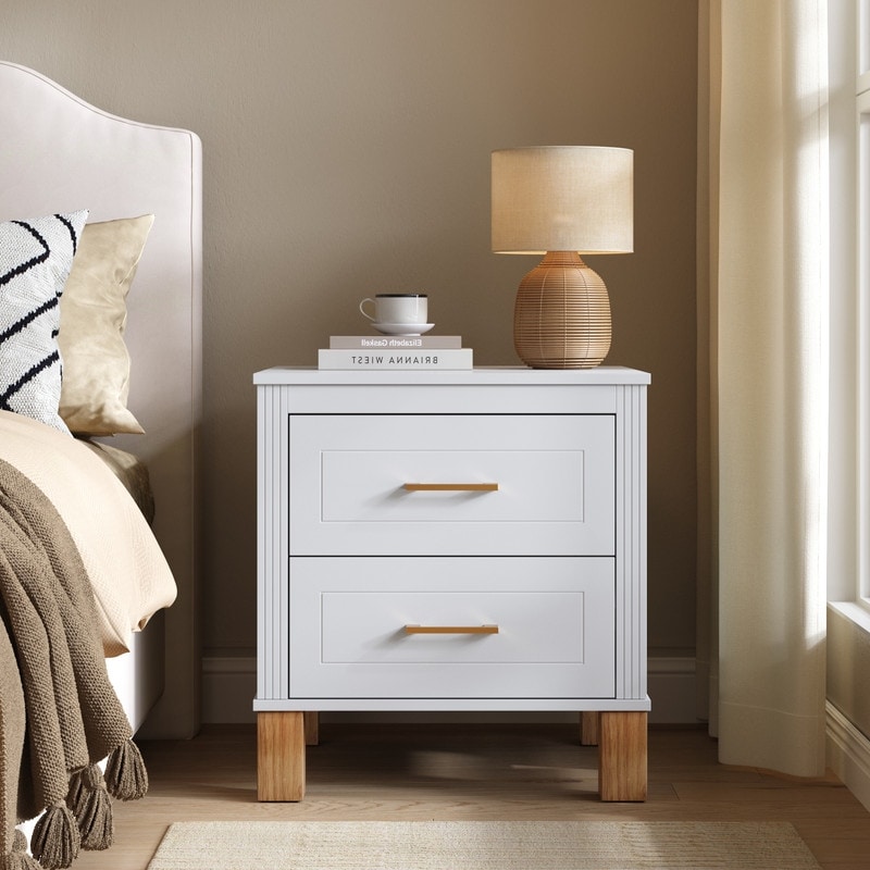 Fluted Design Nightstand with Solid Wood Legs and Metal Handle for Bedroom