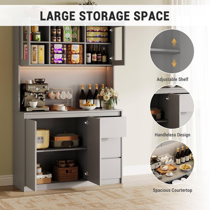 71" Pantry Cabinet with Charging Station,Tall Kitchen Pantry Storage Cabinet with Led Lights - Grey