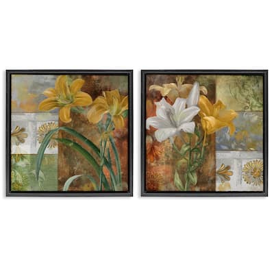 Stupell Lilies & Vintage Tile Patterns Framed Floater Canvas Wall Art Design By Sasha (Set of 2)