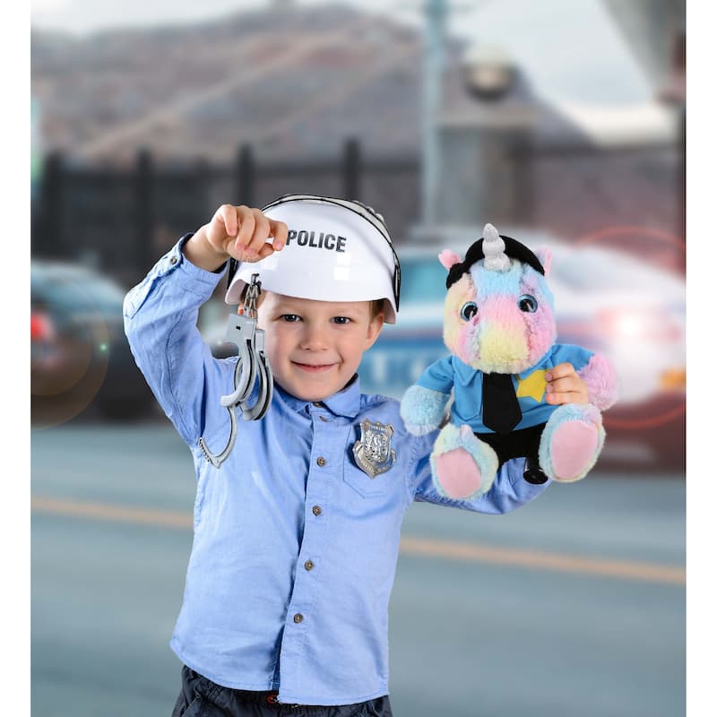 DolliBu Sitting Rainbow Unicorn Police Officer Plush with Cop Uniform - 10 inches