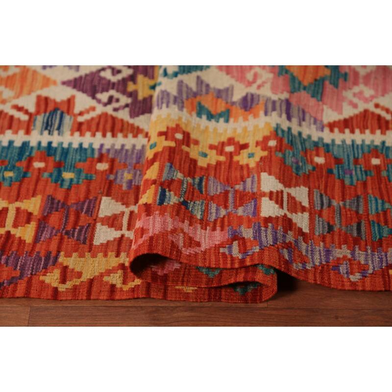 All-Over Geometric Kilim Oriental Area Rug Flatweave Wool Carpet - 8'7"x 9'4"