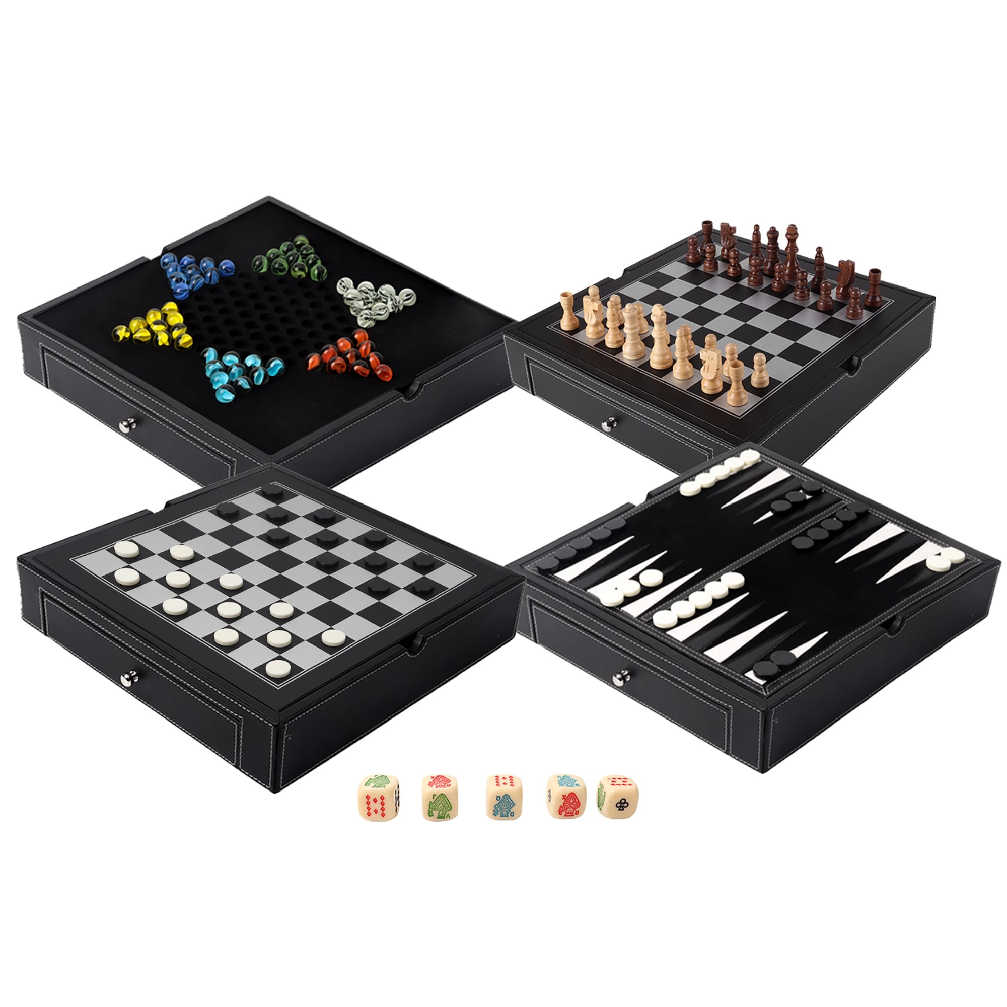 GSE Premium Leather 5-in-1 Chess, Checkers, Backgammon, Chinese Checkers and Poker Dice Game Combo Set