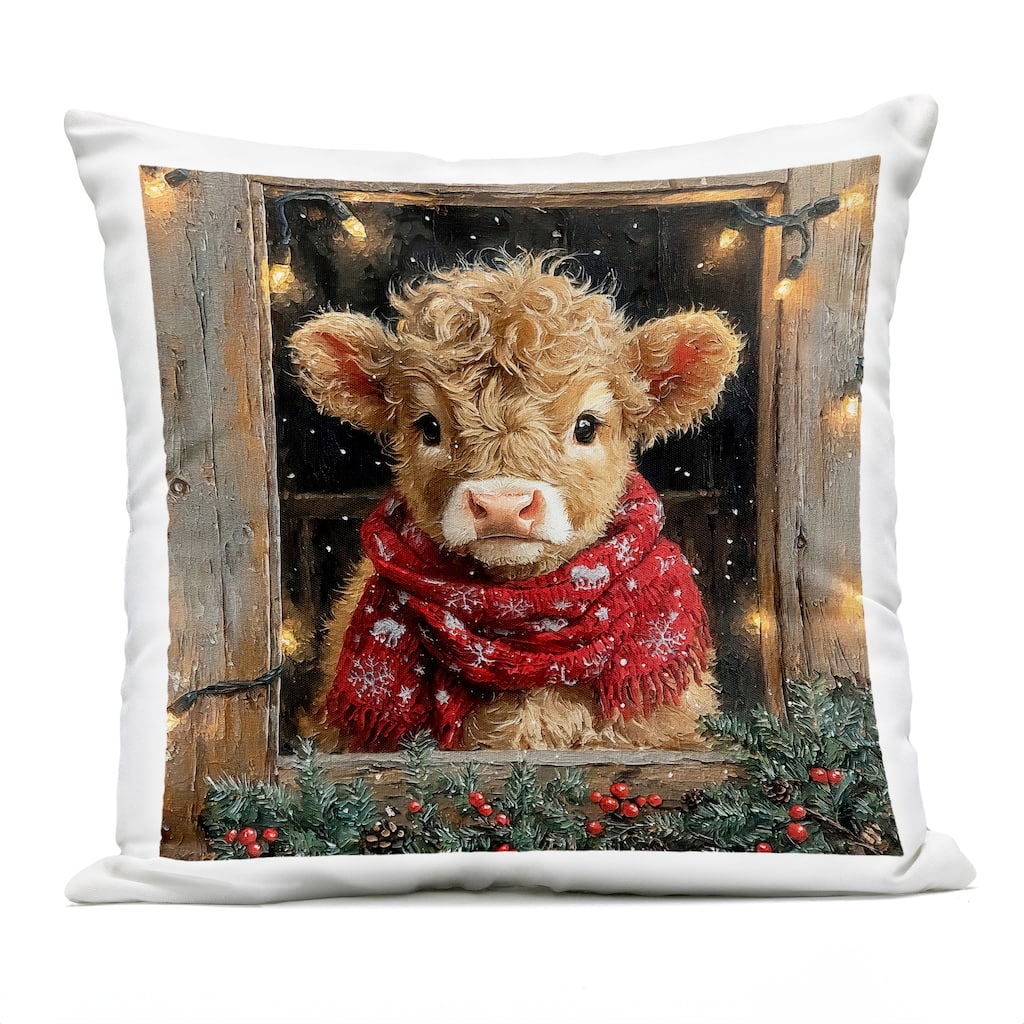 Stupell Calf with Holly & Lights Garland Printed Outdoor Throw Pillow Design by Riley B