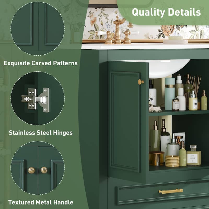 30" Bathroom Vanity with Ceramic Sink, Solid Wood Frame, 2 Soft-Close Doors, Storage Cabinet with Shelf