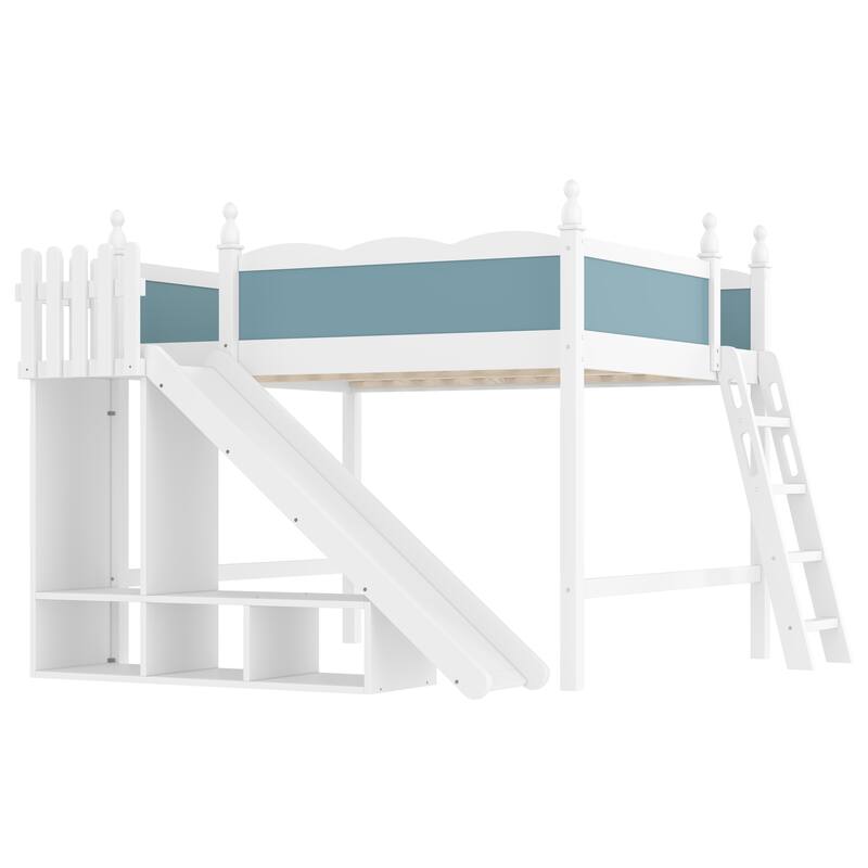 Roomfitters Queen Loft Bed with Slide and Storage Cabinet, Solid Wood High Sleeper with Shelves, Blue and White
