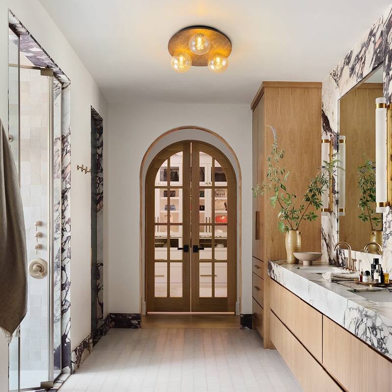 Italy Vintage Wood 3-Light Glass Globe Semi Flush Mount