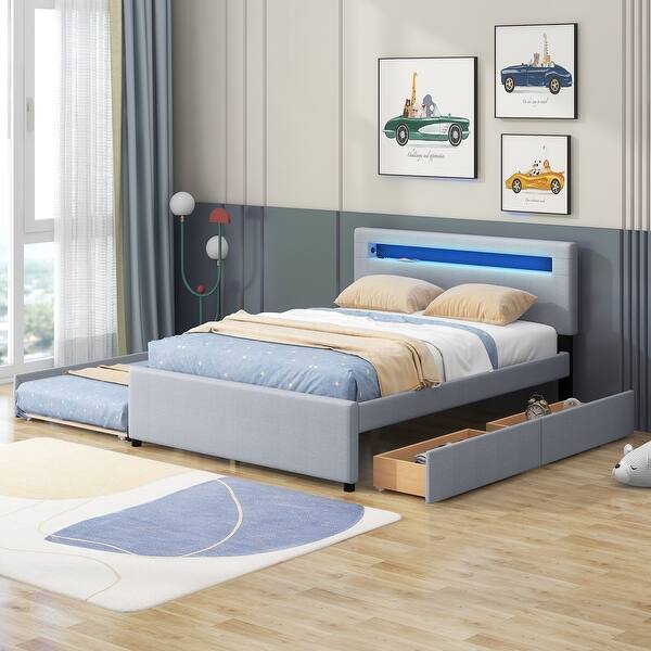 slide 2 of 40, Queen Size Upholstered Storage Platform Bed with Twin Size Trundle