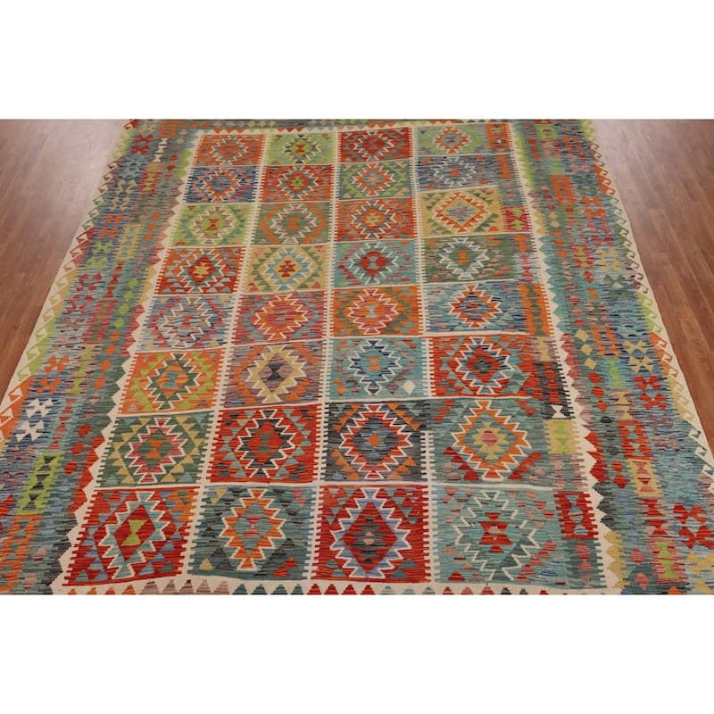 Geometric Colorful Kilim Oriental Area Rug Flatweave Wool Carpet - 9'9" x 13'0"