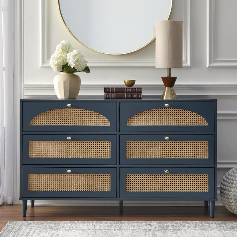 Lifestorey Taylor 6-Drawer Dresser with Natural Cane - Midnight Blue