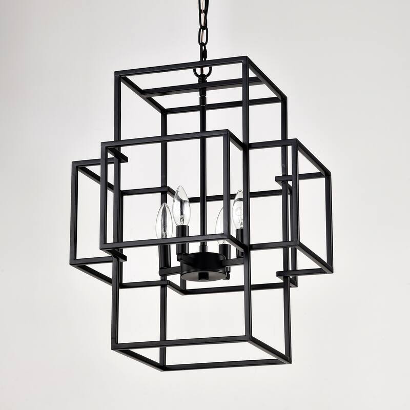 Industrial 4-Light Farmhouse Lantern Chandelier, Adjustable Height, for Dining Room and Kitchen, E12 Bulbs Not Included