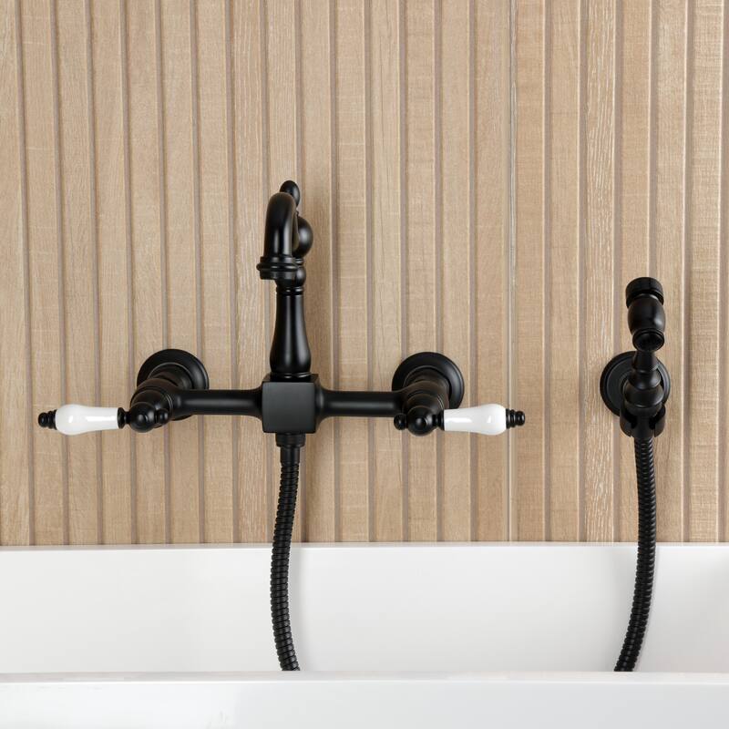 Kingston Brass Essex Double-Handle Wall-Mount Pre-Rinse Bridge Kitchen Faucet