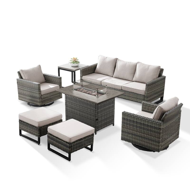 Outdoor Sofa Swivel Chairs Ottomans and Fire Pit Table