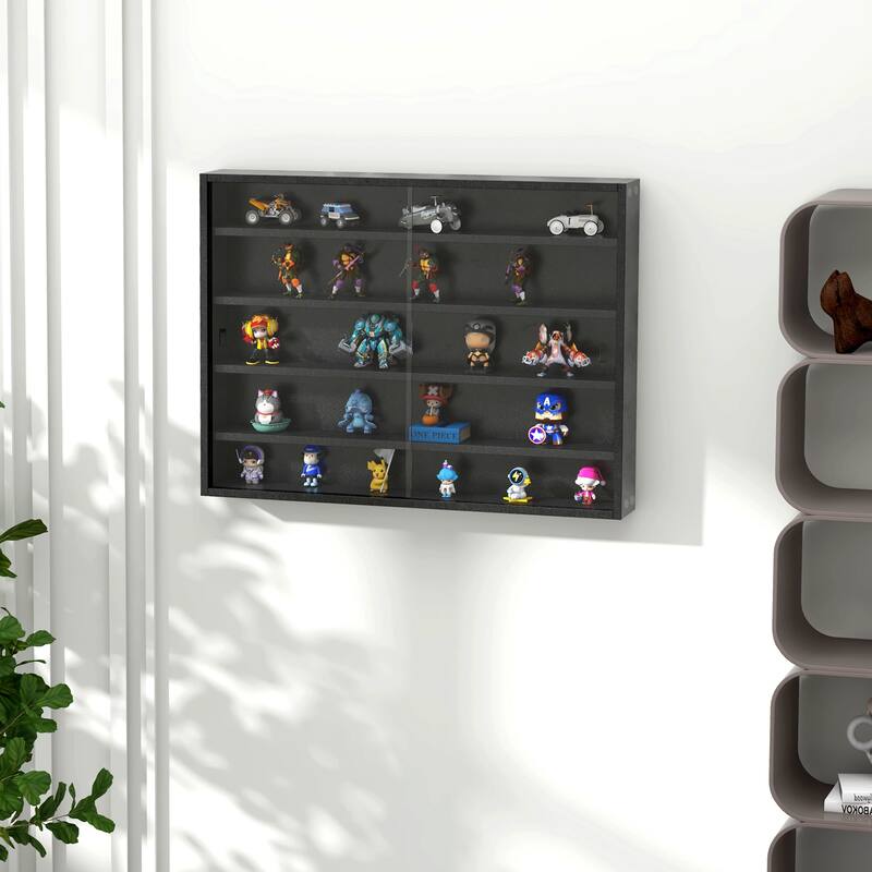 5-Tier Wall-Mounted Glass Display Case with Adjustable Shelves - Black