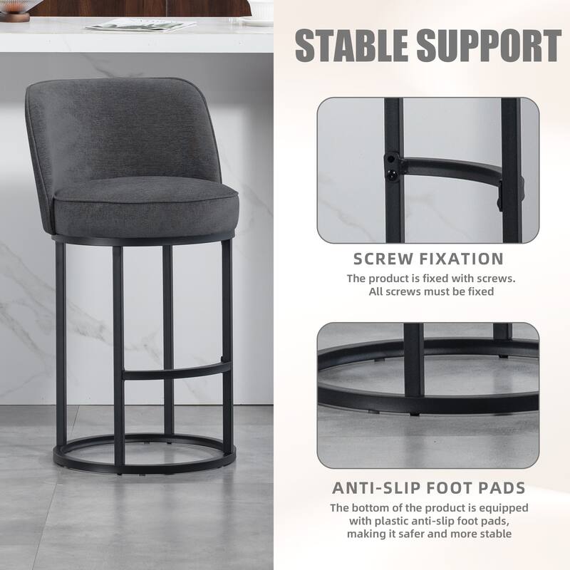 Set of 2 Modern Barrel Counter Stools with Backrest, Linen Upholstered Bar Stools for Kitchen Island