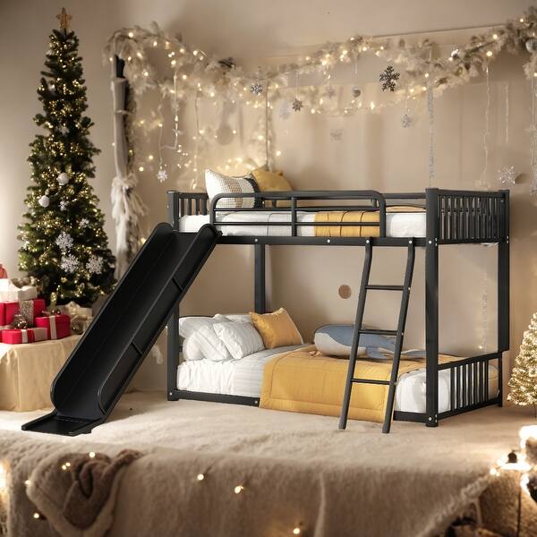 slide 2 of 9, Modern Twin Over Twin Metal Bunk Bed With Slide,Sturdy Frame,For Bedroom Black