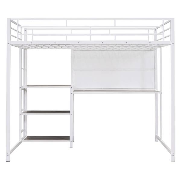 slide 2 of 12, White Platform Bed w/ Desk&Whiteboard, Full Loft Bed w/ 3 Storage Shelves, Safety Guardrail & Ladder, Space-Saving, Noise Free White - Full
