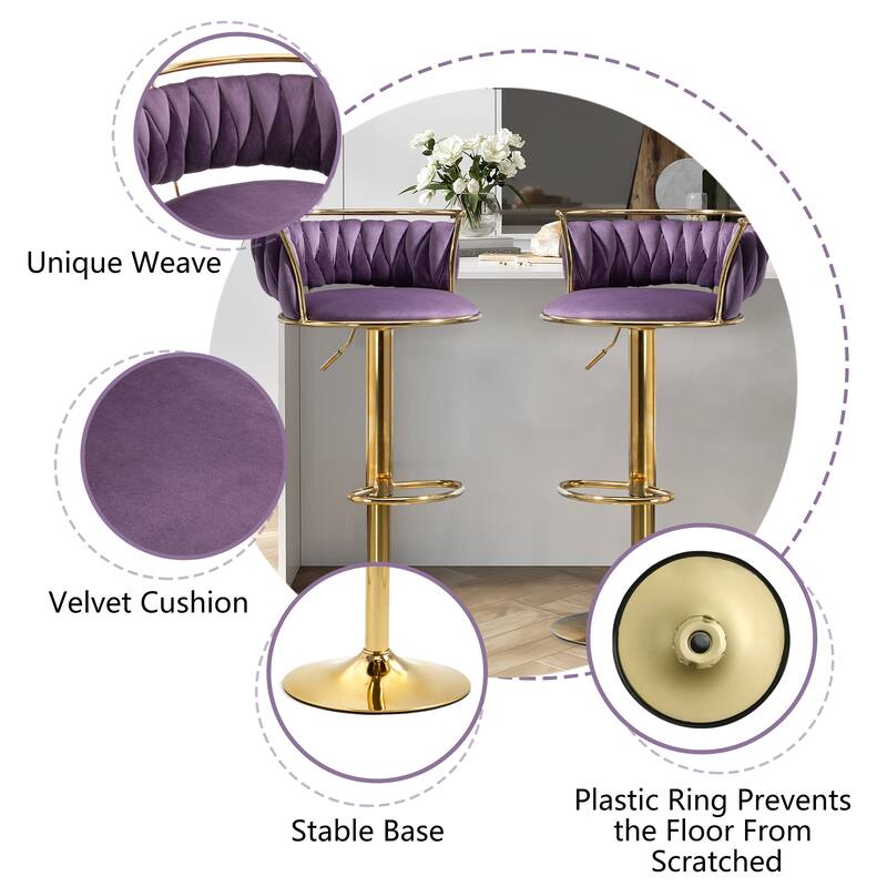 Modern Velvet Adjustable Swivel Bar Stools Set of 2