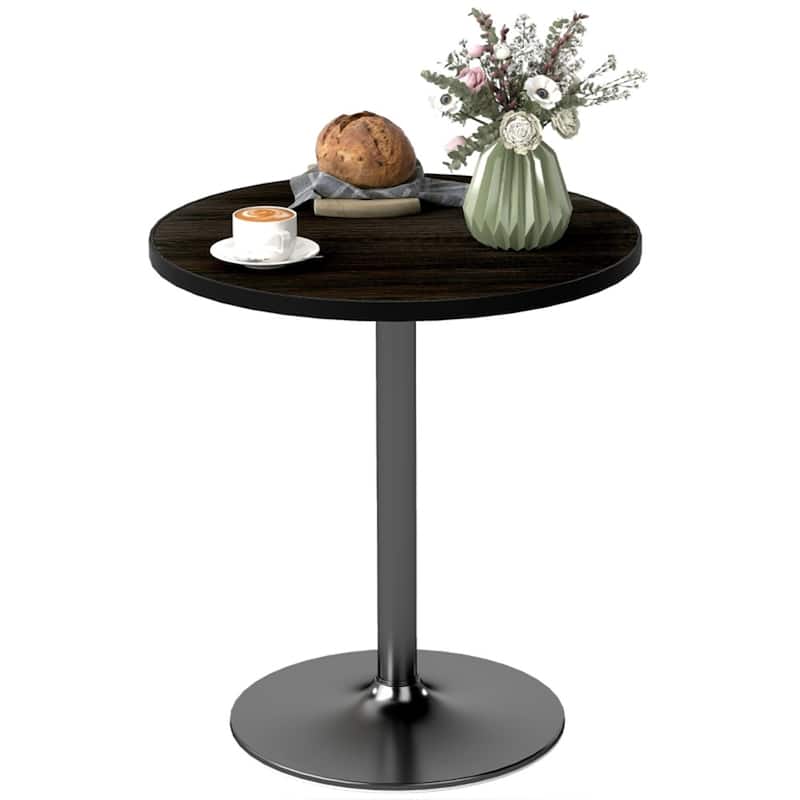 Modern Black Round Dining Table with Wood Grain Top and Metal Base Space-Saving Design for Kitchen - 27.6" Dia. x 29.9" H