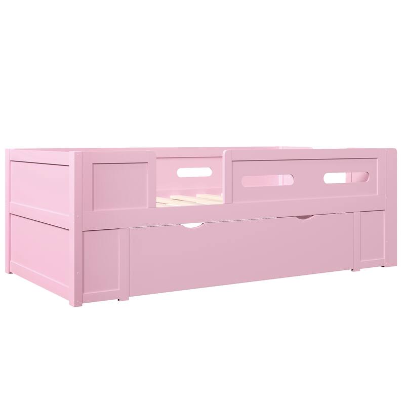 Roomfitters Full/Twin Size Wood Platform Bed with Underbed Storage Drawer and Safety Guardrails, Modern Low Loft Frame