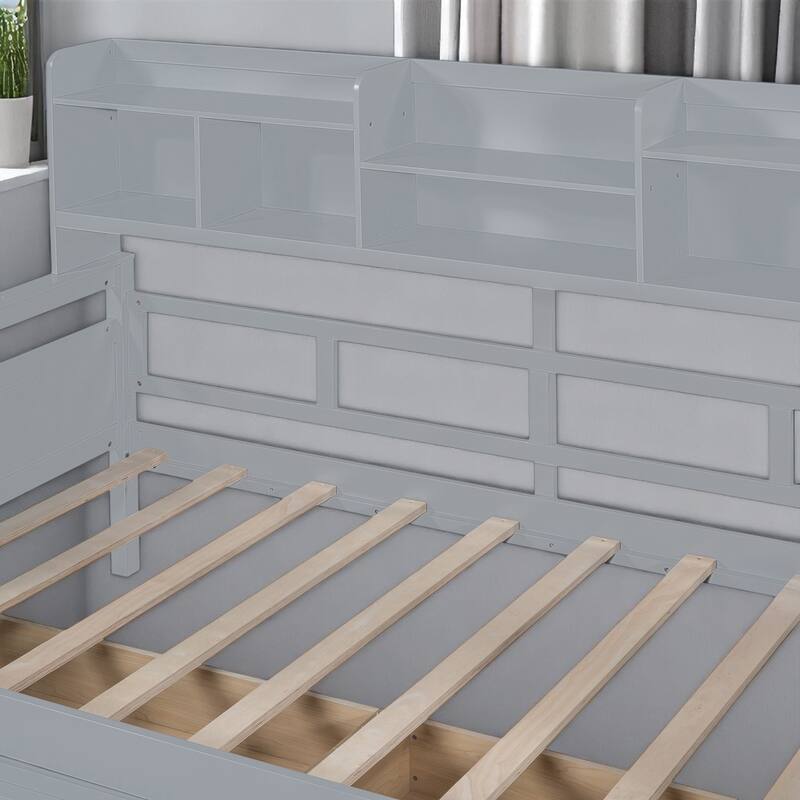 Wooden Twin/Full Daybed with 2 Storage Drawers and Bedside Shelves, No Box Spring Needed, Modern Design