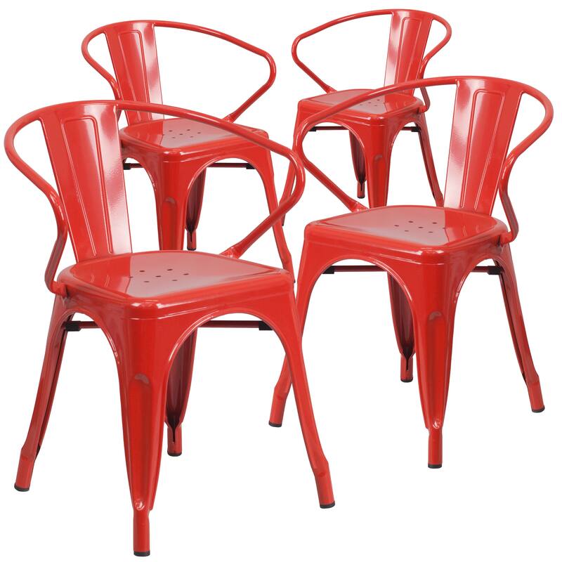 4 Pack Metal Indoor-Outdoor Chair with Arms - Red